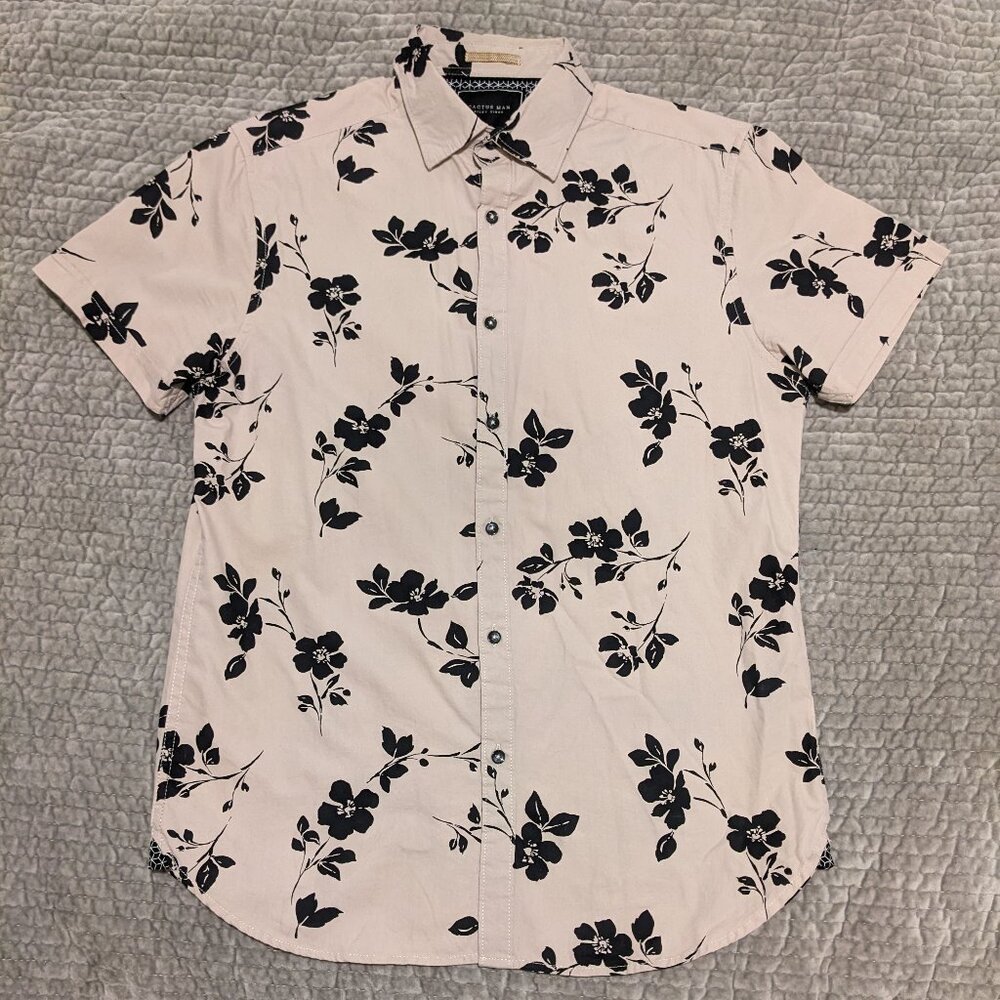 Cactus Man men's Small tan black floral pattern short-sleeve button-up shirt